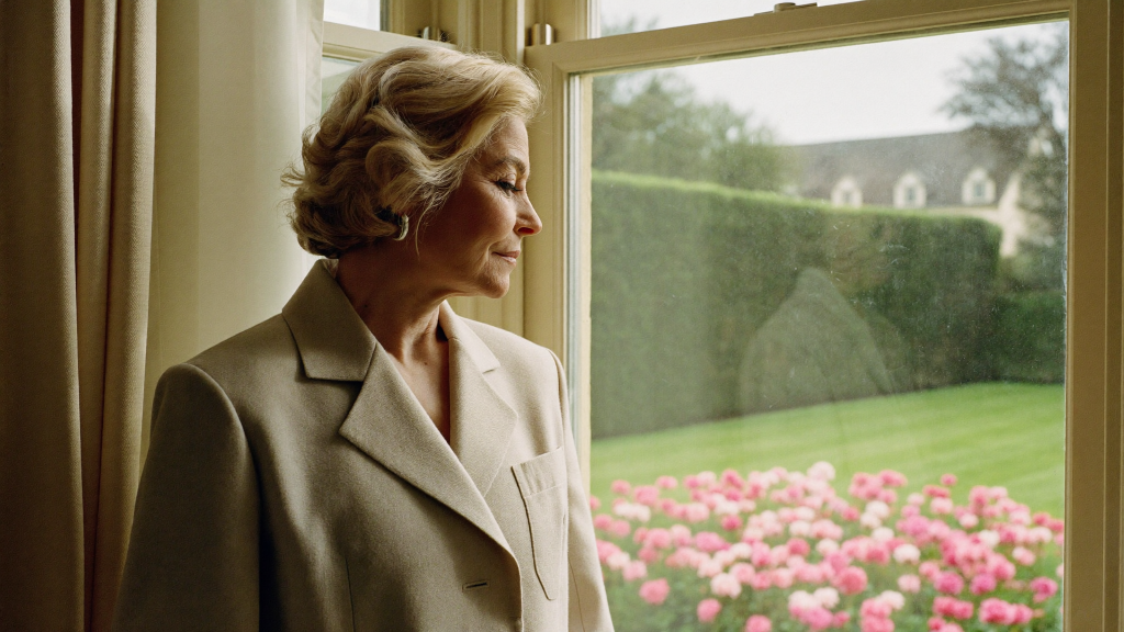 Mulher madura olhando o jardim pela janela, ilustrando cores menos vivas na visão por catarata
