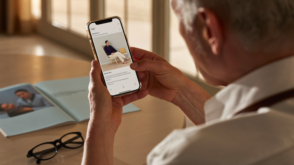 Homem de meia idade afastando o celular para ler, sinal de vista cansada após os 40 anos